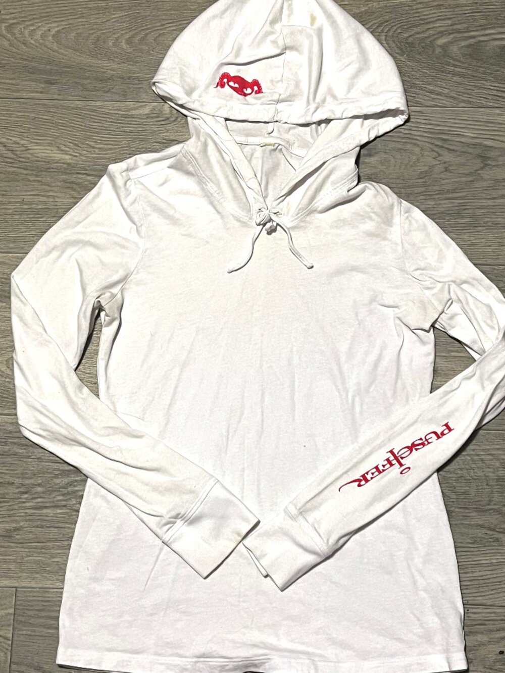 Puscifer Band Merchandise White Thin Small Long Sleeve Hoodie with Red Logo